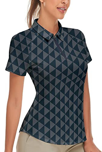 Soneven Polo Femme Chemisier à Carreaux Manches Courtes 1/4 Zip Respirant séchage Rapide pour Golf Tennis Loisirs