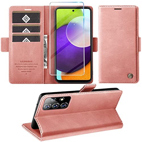 Handyhülle für Samsung Galaxy A52/A52S 4G 5G Hülle mit Schutzfolie, Standfunktion Kartenfach Wallet Premium Leder Schutzhülle A52S Flip Case Cover Stoßfeste Klapphülle (Pink)