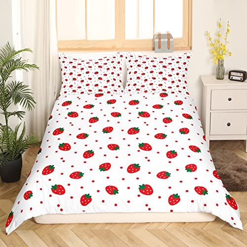 Loussiesd Obst Bettbezug Set Erdbeere Dekor Kleinkind Bettwäsche Set 135x200cm für Kinder Jungen Mädchen Frauen Kawaii rot Dots Betten Set Tropisch Botanisch mit 1 Kissenbezug 2St