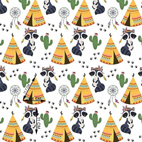 Waschbär Tipi Traumfänger Kaktus 100x160cm 1 Meter 100% Baumwolle Baumwollstoff Kinder Meterware Handwerken Nähen Stoff