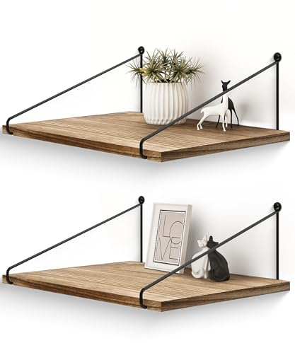 Afuly Wandregal Holz Schwarz Metall Regal Wand 42x30cm Breit Rustikal Regale für Wände Badezimmer Küche Schlafzimmer Wohnzimmer 2er Set