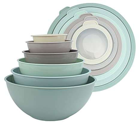 COOK WITH COLOR Nesting Mixing Bowls - 12 Piece Plastic Bowl Set with Lids, Microwave Safe (Mint Ombre)