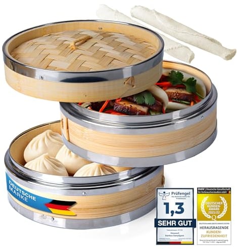 Dimono® Bamboo Steamer with Stainless Steel, 2 Tier Steamer with Lid, Steamer Basket Rice Cooker Bamboo Cooker for Sim Sum Dumplings, Vegetables, Rice, Meat, Fish (Ø 20 cm)