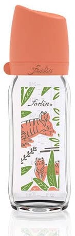 FARLIN Anti-Colic Glass Baby Bottle, 8 oz - with Silicone Pacifier for 1 Month+ Babies - Thermal Resistant, BPA Free and Dishwasher Safe, Roll-Proof Oval Design (8oz,240ml/cc, Bengal)