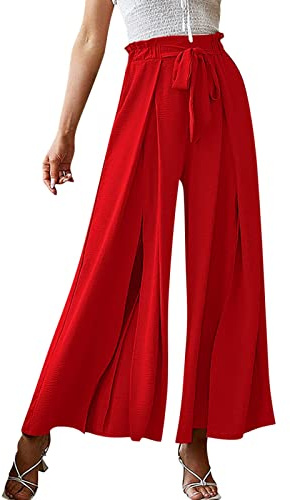 Hose Damen Elegant Chiffon Kordelzug High Waist Plissee Weites Bein Lang Hose mit Taschen Palazzo Einfarbig Culottes-Hose Strandhose Lose Lässige Freizeithose Schlupfhose Pumphose