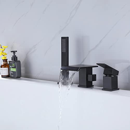 TapLong Robinet de baignoire romain moderne avec douchette à main, robinet de remplissage de baignoire à montage en cascade avec pulvérisateur, ensemble de robinet de douche à 3 trous large en noir
