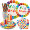 INUAN 125 Pcs Rainbow Party Tableware Set - Plates, Cups, Napkins, Straws - Rainbow Birthday Party Supplies for 25 Guests