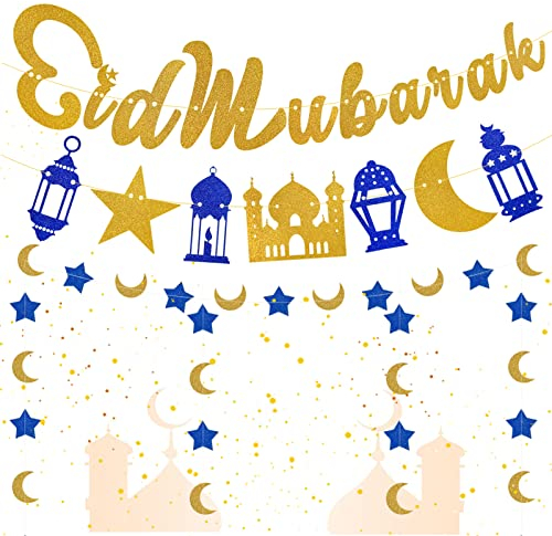 Ramadan Kareem Dekoration Banner,Eid Mubarak Banner Set Glitzerndes Banner und Mond Sterne Girlande hängen Eid Mubarak Dekoration Muslimischer IslamEid Feier Dekoration