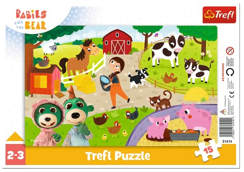 Trefl - Babys and The Bear, Niedliche Babys - Kleinkind-Rahmenpuzzle, 15 große Teile, Rahmen und Feste Unterlage, mit Märchenfiguren Babies and The Bear, Bauernhof, Tiere, für Kinder ab 2 Jahren