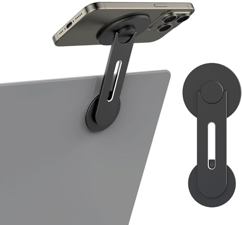 MoKo Magnetic Laptop Phone Holder, 180° Adjustable Continuity Camera Mount for iOS 16/macOS 13 Ventura, Fits iPhone 14/13/12 Series, Slim Computer Expansion Bracket Stand for Smartphone, Black