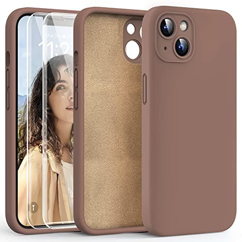 HATOSHI 3-in-1 iPhone 13 Hülle mit 2 Stück Schutzglas, Flüssig Silikon Anti-Rutsch Kratzfestes Stoßfest Handyhülle iPhone 13 Schutzhüll, Braun