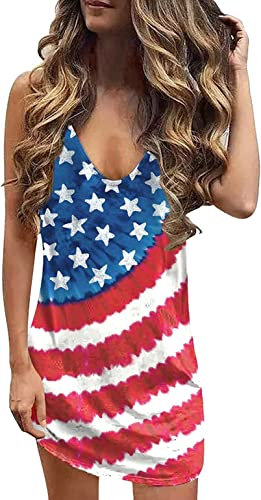 Live Simple Coconut Tree Ärmelloses Minikleid Sommer Strand Minikleid Damen Sommer Casual Sexy V Ausschnitt Mini Tank Kleid, USA-Flagge blau rot 2, XX-Large