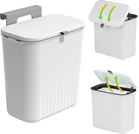 Abfalleimer, Mülleimer, 9L Mülleimer Küche Hängend, Mülleimer Mit Deckel, Küche Abfalleimer, Ohne Bohren Oder Auf Schranktür Hängen, Für Schlafzimmer, Schrank, Küche, Badezimmer (29*16*26cm, Weiß)