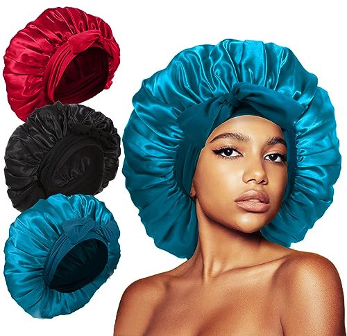 Kafteri 3Pcs Satin Silk Bonnet for Sleeping, Extra Large Hair Bonnets for Sleeping Black Curly Hair Women Big Jumbo Bonnet with Tie Band Braids Shower Cap