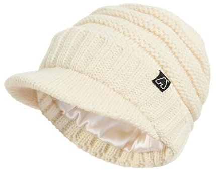 Hat Hut Cappelli da Donna da Uomo in Raso Foderato Cappelli Invernali Caldo Berretto in Maglia Unisex Slouchy Beanie con Visiera (IT, Testo, Taglia Unica, Beige)
