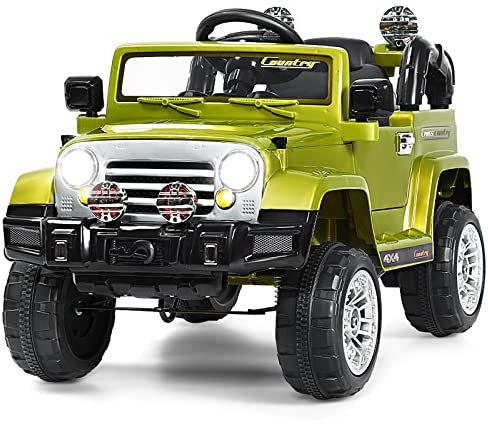 GYMAX Kids Ride on Car, 12V Battery Powered Car with Remote Control, Lights, Music, Horn, 3 Speeds, Spring Suspension, Safety Belt & Back Storage Box, Children Electric Truck for 3 Years Old + (Green)