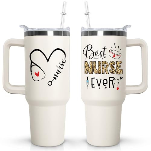 Ceovfoi 40 oz NurseTumbler with handle Lid and Straw, Best Nurse Ever Vacuum Insulated Travel Coffee Mug CupTumbler,Nurse Gifts for Women