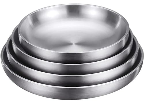 FülleMore 2er Set Essteller doppelwandig Edelstahlteller Frühstücksteller Rund Speiseteller Platzteller Dessertteller Serviertablett für Küche Party Picknick Grillen Camping (23cm)