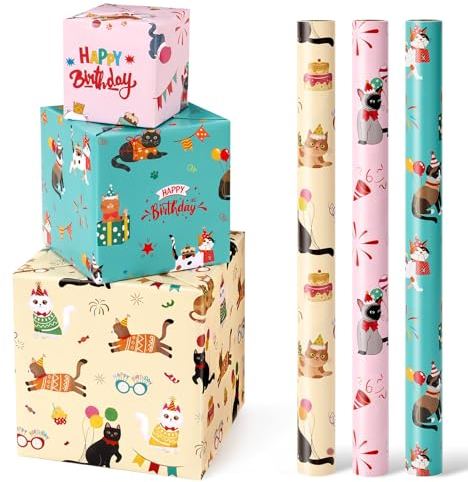 WERNNSAI Rouleaux de Papier Cadeau Chat - 3 Rouleaux Courts de Papier Cadeau D'anniversaire pour Chat Papier D'anniversaire Chaton pour Enfants avec Lignes de Découpe 43cm X 3m