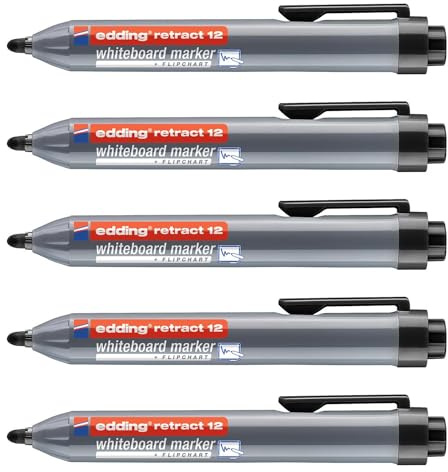 Edding Whiteboard-Marker, Retract 12, Schwarz, runde Spitze, 1,5 – 3 mm, 5 Stück