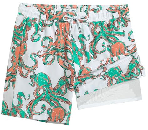 maamgic 17,8 cm Herren-Badehose mit Kompressionsfutter, Boardshorts mit Reißverschlusstasche, Badeanzug für Strandurlaub, Weißes und grünes Oktopus-Monster, L