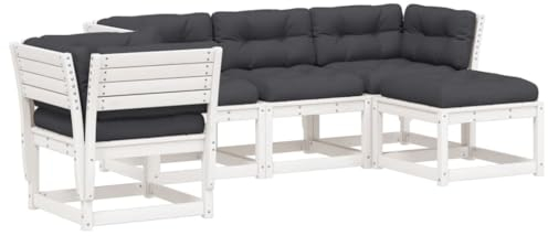 vidaXL Garten Lounge Set 5-TLG., Sofagarnitur mit Latten-Design, Gartengarnitur mit Kissen, Gartenmöbel Gartensofa Fußhocker, Weiß Massivholz Kiefer
