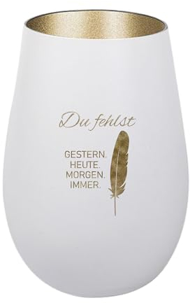 Der-Porzellan-Laden Windlicht mit Gravur Du fehlst Gestern Heute Morgen Immer, Weiß Gold, Teelichthalter aus Glas mit Spruch, Tischdeko modern