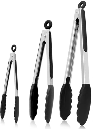 Kitchen Tongs 7 & 9 & 12 Inch Silicone Tip Tong Non-Slip Stainless Steel Tongs Easy Grip Food Grade Tong for Cooking, BBQ, Serving, Heat Resistant,Black