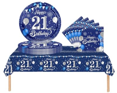 37pcs Navy Silver 21st Decorations - Tablecloth, Plates, Napkins & Serviettes for 21st Birthday Table Decorations for Kids, Him, Her