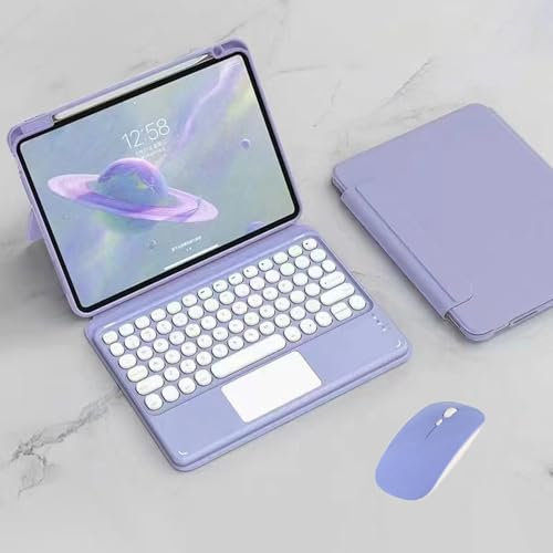 Funda Vertical para iPad 6ª/iPad 5ª Generación, iPad Air 2/1, iPad Pro 9.7, Cubierta Protectora Giratoria de 360° con Portalápices, Español QWERTY Teclado Multi-Touch y Ratón Bluetooth, Púrpura Claro