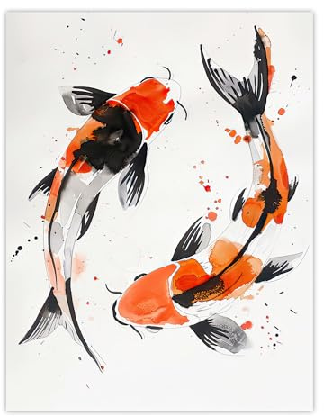 Artery8 Two Japanese Koi Carp Fish Bright Watercolour Living Room Large Wall Art Poster Print Thick Paper 18X24 Inch
