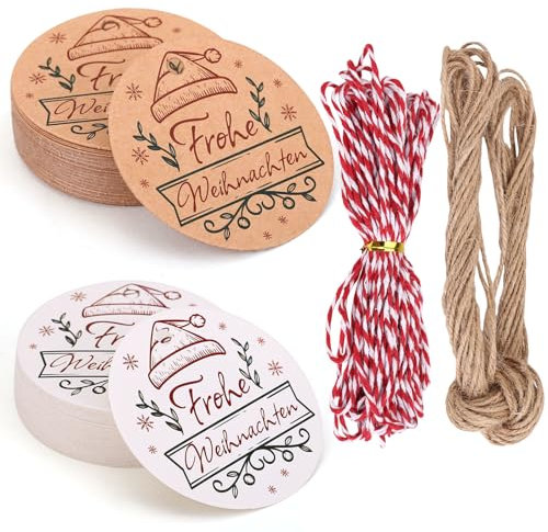 Kesote Geschenkanhänger Weihnachten 100 Stück Weihnachtsanhänger Frohe Weihnachten Etiketten zum Beschriften Anhänger Kraftpapier mit Schnur Weihnachtsdeko Geschenkverpackung