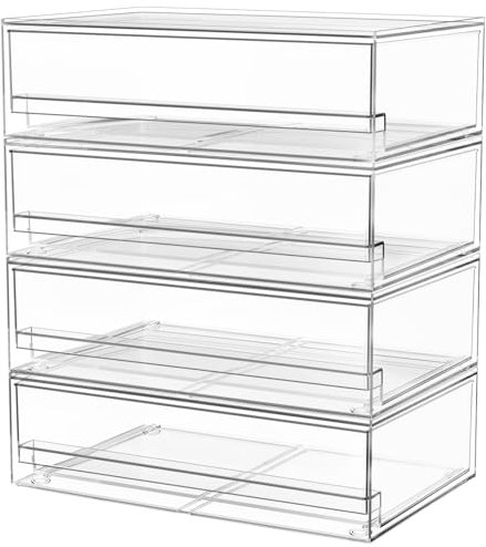 A-LuGei 4 Pack 𝗠𝗮𝘅 𝗙𝗹𝗮𝘁 𝗦𝘁𝗼𝗿𝗮𝗴𝗲 Vanity Makeup Organiser, Stackable Acrylic Desk Drawer Organisers and Storage, Plastic Organisation Box for Bathroom Skincare Perfume Medicine Under Sink