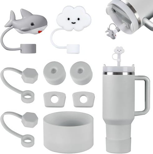 FOSFUKEER Stanley Cup-Zubehörset, enthält 6 auslaufsichere Silikonstopfen,2 Stück Strohdeckel, 1 Silikonhülle für Stanley Cup 1,2 l- und 850 ml-Becher,Cups nicht enthalten (Asche)