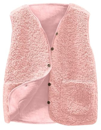 Gilet en Molleton Polaire Doux sans Manche Coupe Classique Femme Grandes Filles Couleur Unie Blouson Mode Bouton Matelassée sans Manches Veste avec Poches (Rose, L)
