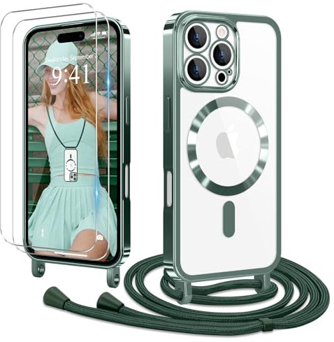Ethanger Coque pour iPhone 16 Pro avec Cordon de Collier + 2×Verre Trempé, Coque Transparente TPU Bumper Silicone Etui Housse avec Cordon Réglable, Coque Magnétique pour iPhone 16 Pro Vert
