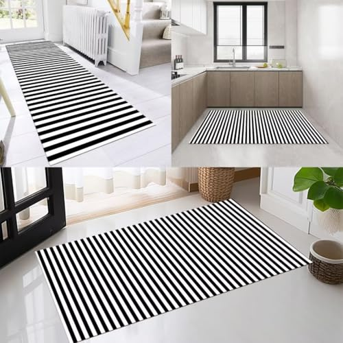 AAKSUS Läufer Flur Küche Waschbar rutschfest 60x120cm Modern Gestreift Schwarz Weiß Lang Küchenteppich Flurteppich Teppich Fur Korridor Wohnzimmer Schlafzimmer Meterware Anpassbar
