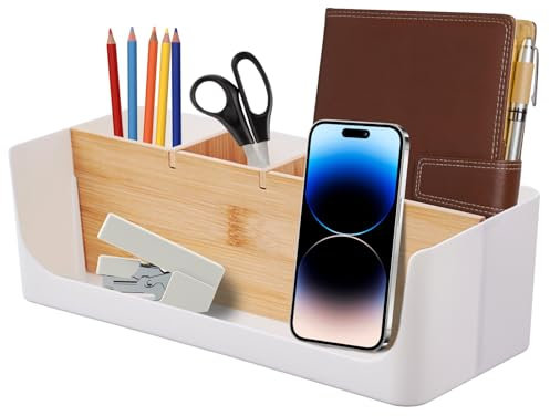 Qaestuan Organisateur de bureau et porte-stylos, Rangement en Plastique Multifonctionnel, Organisateur de Maquillage Boîte à Cosmétique, Boîte de Rangement Bureau, Organiseur pour stylos (Blanc)