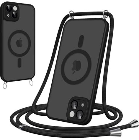 Woijrly Cover Magnetica con Cordino per iPhone 15, Compatibile con MagSafe, Sottile con Laccio Collana Tracolla Regolabile AntiGraffio Case con Collana per iPhone 15-Nero