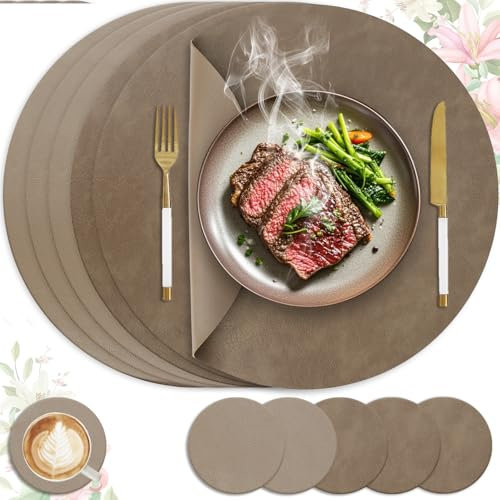 HELI MIAO 6er Set Tischset aus Leder-Imitat,Platzsets abwaschbar und wasserdicht,Platzdeckchen Lederoptik mit Untersetzer,Tischuntersetzer Doppelseitigen rutschfest(Rund,braun)