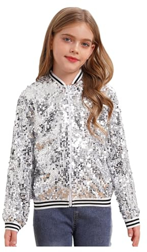 Yeahdor Mädchen Pailletten Bomberjacke Glitzer Baseball Jacke Tanzjacke Langarm Sweatjacke Party Y2K Kostüm