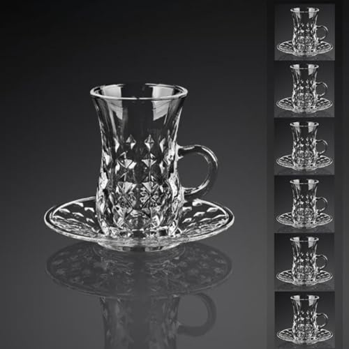 Turkish Crystal Glasses Cups Saucers Set, Clear Glasses with Handle, Vintage Glassware, Drinking Glasses and Tray for Coffee and Tea, Kitchen Decor (Style A, 2pcs)