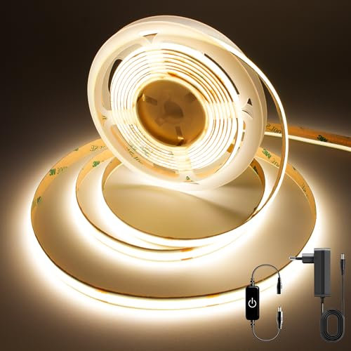 FUIQI Striscia LED COB 3 Metri,Bianco caldo 3000K,24V LED COB con Controllo Dimmerazione Tocco,CRI90+,8mm Larghezza,con Alimentatore - Ideale per Cucina,Camera da Letto e Sfondo Televisivo