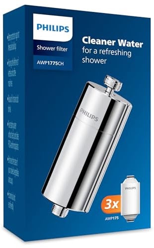 Philips Water Filtro da doccia In-Line con 3 confezioni di ricambio, riduce il cloro fino al 99%, facile da installare, compatibile con tutti i tubi e rubinetti standard, Cromo, capacità 50.000 L
