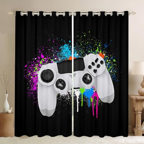 Loussiesd Jungen Gamer Fenstervorhang 175x140cm Weißes Videospiel Gamepad Blickdichte Vorhänge Für Kinder Schlafzimmer Dekor Bunte Krawattenfarbe Modern Game Controller Gaming Vorhänge Gardinen
