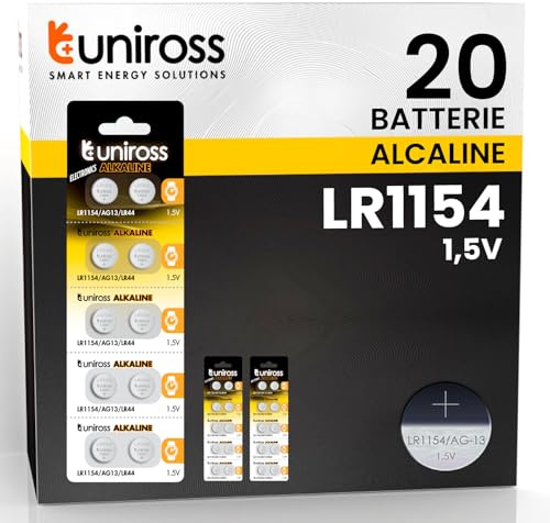 20 Knopfbatterien LR1154 AG13 LR44 für Uhren, digitale Thermometer, Spielzeug, Taschenrechner - Uniross Alkaline-Batterien 1,5 V, klein, dünn, langlebig, hohe Qualität