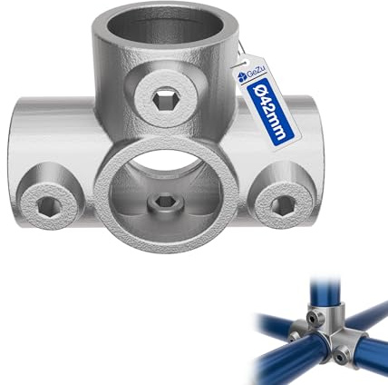 GeZu Impex 3 Way Outlet Tee Ø 42 mm | Hot Dip Galvanised Silver Three Socket Cross Side Outlet Tee Clamp Fitting
