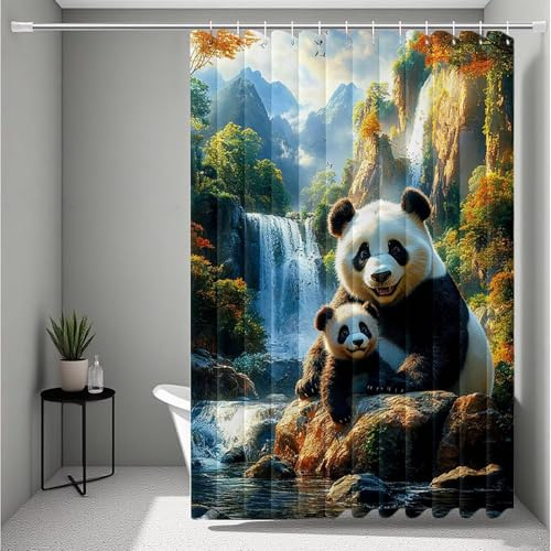 Landschaft Duschvorhang 150x200 cm, Duschvorhang Panda Duschrollo HD Druck Wasserabweisend Waschbar Shower Curtains Polyester Textil Beschwerter Saum, Deko Badezimmer, Geschenke für Frauen -ly25072U7