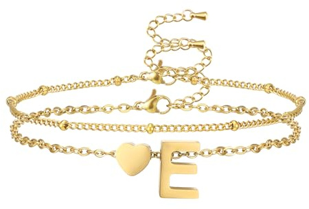 AFSTALR Armband mit Buchstaben Damen Gold Layering Kette mit Initialen E Letter und herzförmiger Anhänger Armkette Buchstabenarmband Personalisiert Bracelet Schmuck Geschenk für Frauen