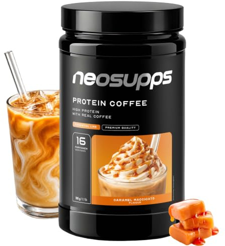 NEOSUPPS Protein Coffee Caramel Macchiato 500g, Made in Germany, Proteinpulver mit 20g Molkenprotein & 80mg Koffein pro Portion, Low Sugar Protein Drink mit echtem Kaffee & Cookie-Stückchen